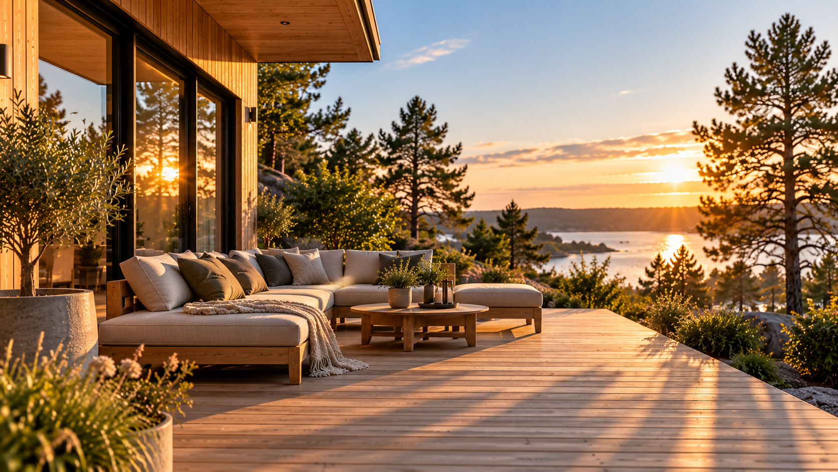 Stor træterrasse med loungeområde ved solnedgang