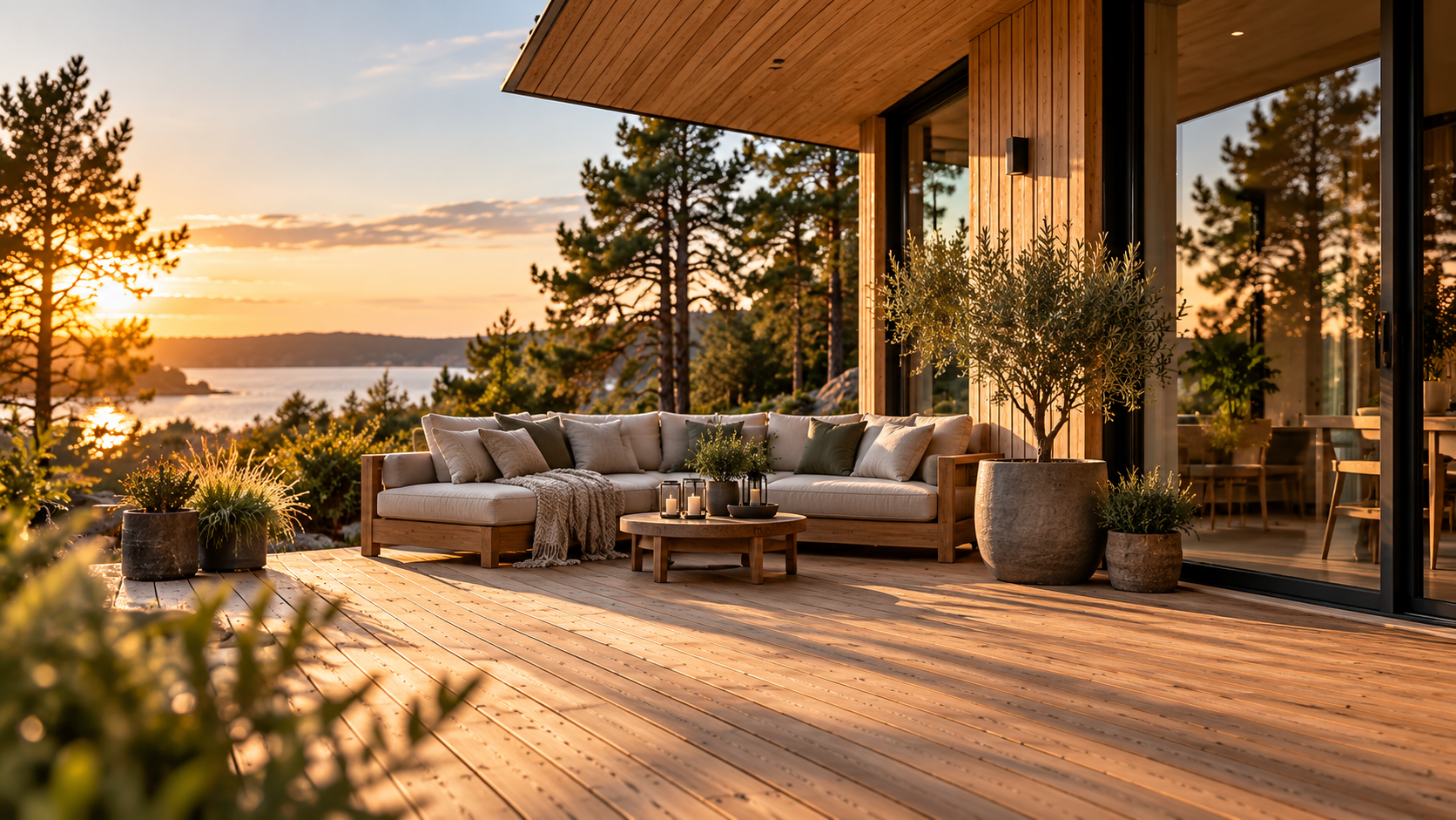 Træterrasse med loungemøbler og udsigt til vandet